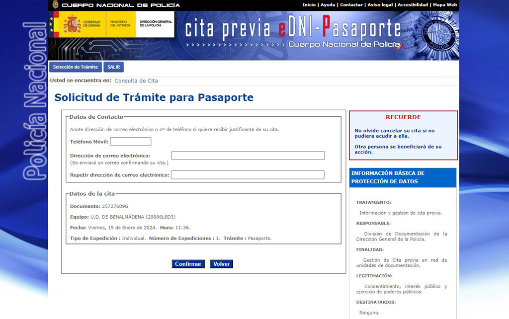 Confirma la cita pasaporte