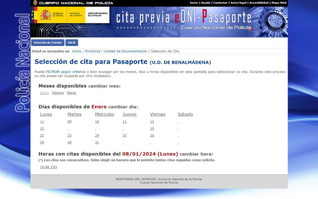 Seleccionar fecha y hora pasaporte